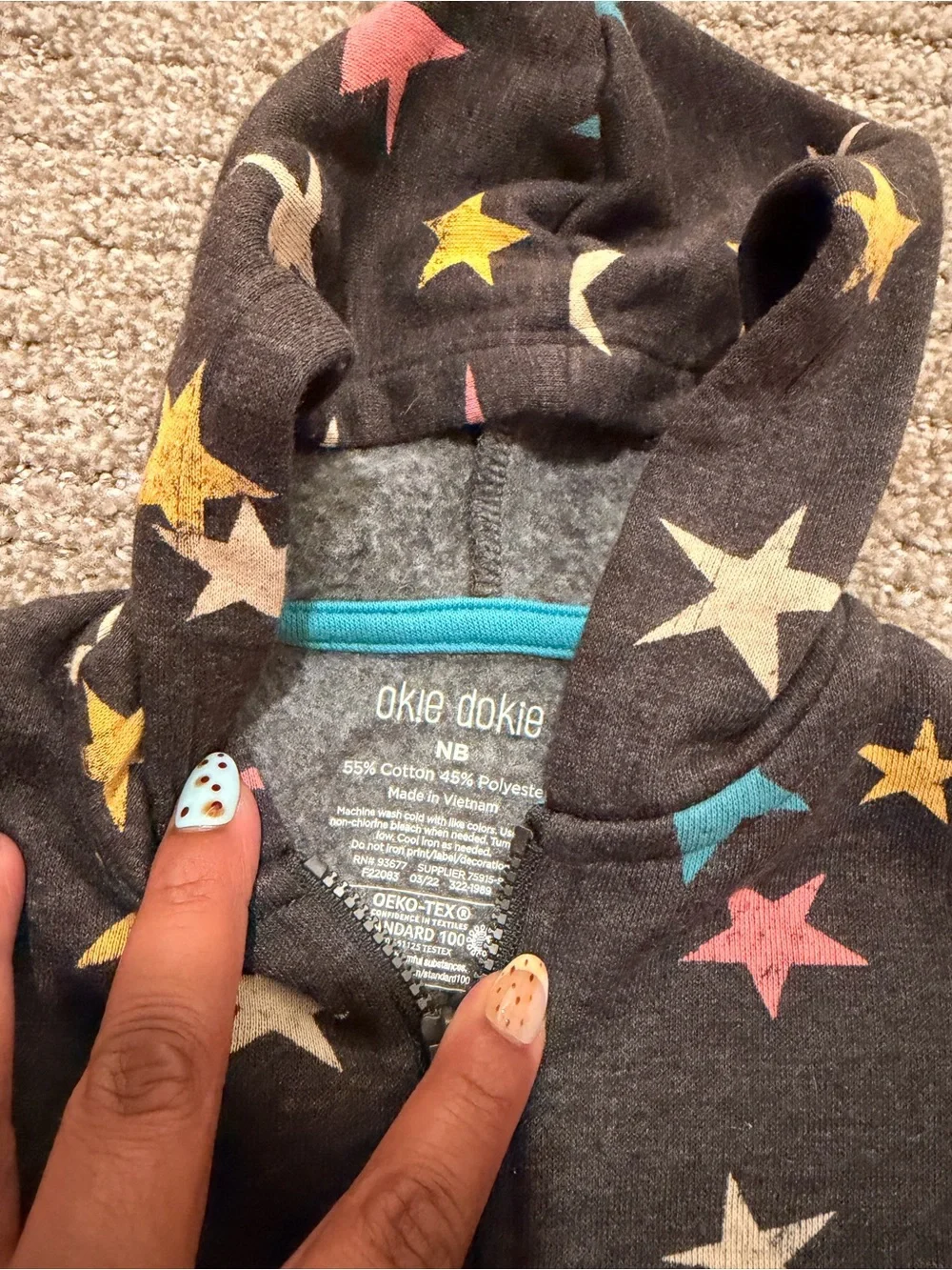 okie dokie Black Zip-Up Hoodie with Multicolor Stars